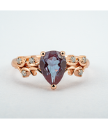 Luxurious Pear Shape Lab Alexandrite Ring Nature-Inspired Design Leaf Ring - $400.00+