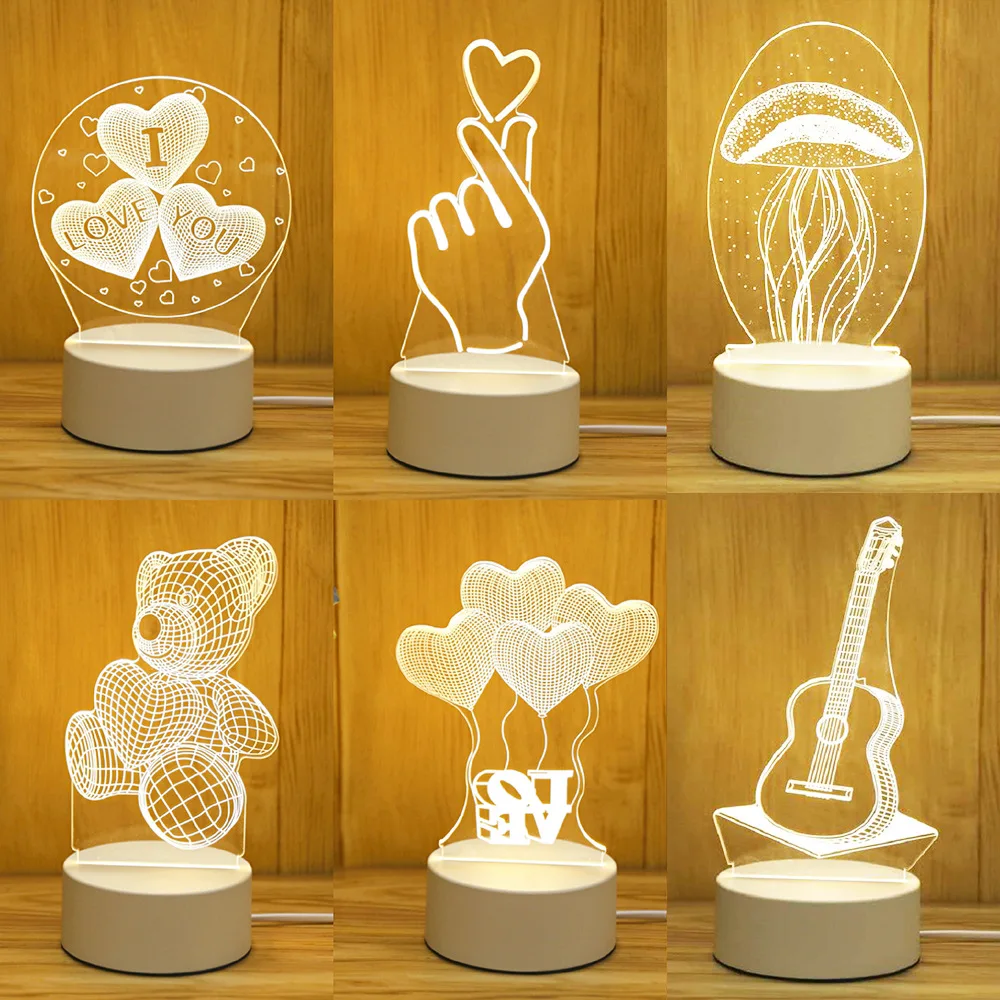Romantic Love 3D Acrylic Led Lamp for Home Children&#39;s Night Light Table ... - $7.93