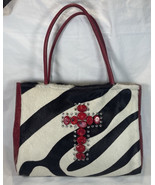 KurtMen Purse Genuine Hide Zebra Print Red Leather Trim W/Red Stone Cross - $1,672.54 MXN