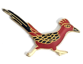 VTG Greater Roadrunner Bird Red Black Gold Tone Enamel Pin Animal Jewelry - $12.99