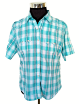 Panhandle Slim Blouse Women&#39;s Size XL Fitted Embroidered Aqua Plaid Pearl Snaps - $23.76