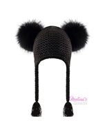 Girls Toddler Black Double Pom Knit Hat w/ Braids Angora Ear Fur - $25.00