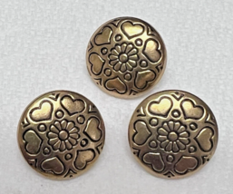 3 Vintage Gold Tone Metal Round Hearts &amp; Flower Dome Buttons 5/8 inch - $8.42