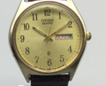 Vintage Citizen CQ Watch Men Gold Tone 6100-S09869 Day Date Leather New ... - $34.64
