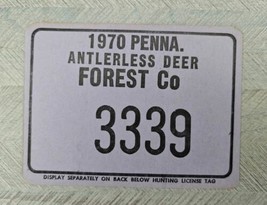 1970 Penna Antlerless Deer 3339 Forest Co Cardboard Hunting License Penn... - $25.95