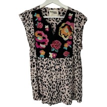 Savanna Jane Size L Blouse Leopard Print Embroidered Floral Top Boho Women&#39;s - $23.27