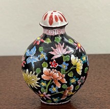 Antique Chinese Metal Enamel Black Floral Ground Floral Snuff Bottle - £58.66 GBP