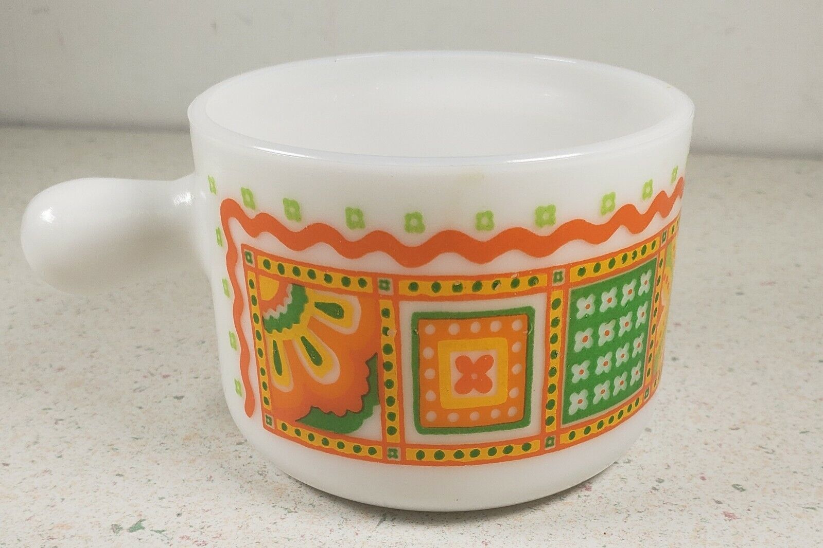 Primary image for Vintage 1970 AVON White Mug  Cup Patchwork Floral Quilt Lug Handle Milkglass