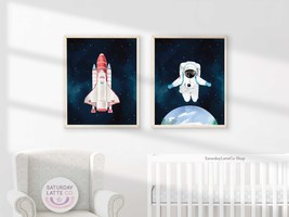 Watercolor Space Print, Spaceship Planet Earth Rocket Astronaut Poster |... - $7.00