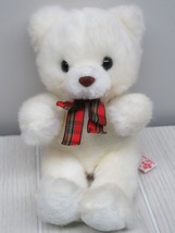 Russ Berrie Huggems small plush white teddy bear red green plaid bow vin... - $19.79