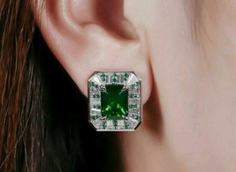 4.07Ct Radiant Simulated Green Emerald Halo Stud Earrings 14K White Gold Plated - £85.02 GBP
