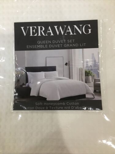 VERA WANG SOFT HONEYCOMB COTTON 3pc QUEEN DUVET SET  SOLID WHITE NIP  BEAUTIFUL - $148.03