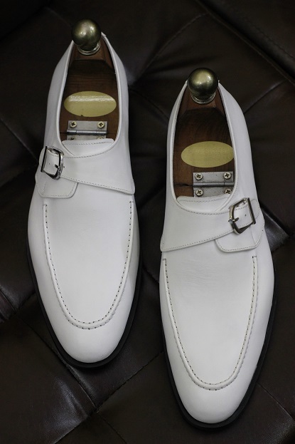 New Men's Handmade Formal Leather Shoes White Leather Stylish Single Monk Strap