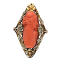 14k Gold Arts and Crafts Genuine Coral Cameo Ring Handwrought Flowers (#... - $628.65