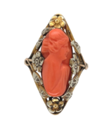 14k Gold Arts and Crafts Genuine Coral Cameo Ring Handwrought Flowers (#... - $11,548.62 MXN