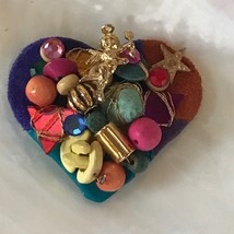 Estate Large Hand Made Patchwork Suede HEART w Colorful Wood Plastic Beads Pin - £11.21 GBP
