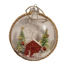 Flat Disc Diorama Christmas Ornament w/ Moveable Faux Snow Trees Red Barn Twine - £10.27 GBP