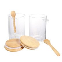 2X 15Oz Glass Containers Kitchen W/ Wooden Spoon&amp;Bamboo Airtight Lid Storage Jar - £31.96 GBP
