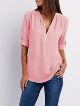 Spring Summer Fashion Oversize V-neck Zipper Chiffon Blouse Solid Color Casual L - £39.75 GBP