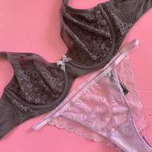 Victoria&#39;s Secret unlined 34DDD,36DDD BRA SET L panty TAUPE gray lilac pink lace - £45.81 GBP