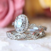 Art Deco 2.2CT Oval Simulated Diamond Halo Engagement Ring Band Bridal Set 925 - £110.81 GBP