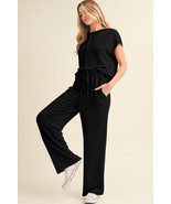 Black Solid Color Corded Short Sleeve Top and Casual Pants Set - €30,95 EUR