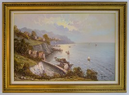 Italiano Seaside Pintura Acrílica Decorado Oro Marco Medio Siglo - $2,251.48