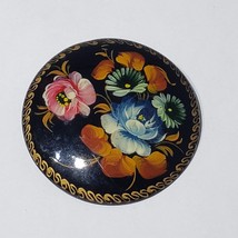 VTG Russian Black Lacquer Wood Brooch Hand Painted Wood Floral Pin Signed - £20.25 GBP