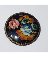 VTG Russian Black Lacquer Wood Brooch Hand Painted Wood Floral Pin Signed - £19.89 GBP