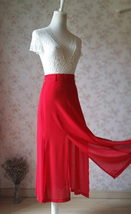 Red Long Double Slit Skirt Outfit Women Plus Size Party Skirt with Belt image 8