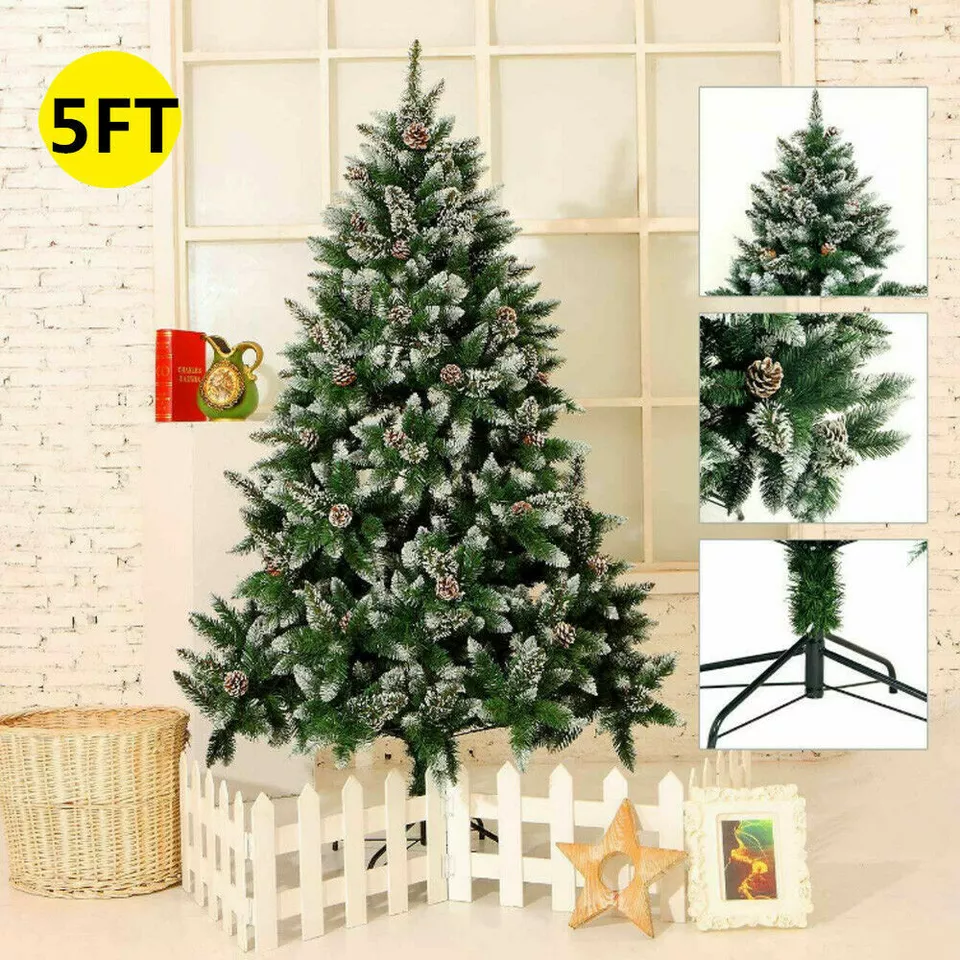 Artificial Christmas Tree Snow Flocked 5Ft Pine Cone Xmas Indoor Outdoor - $97.98