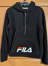 FILA CozyUp Pullover Black Hoodie Fleece Sherpa Logo Kangaroo Pocket 1/2 Zip M - £11.60 GBP