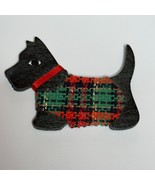 Handmade Wood Scottish Terrier Magnet Black w/Tartan Sweater Vintage - $276.80 MXN