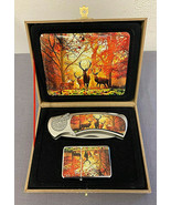 DEER BUCKS FALL HUNTING IMAGE KNIFE AND OIL LIGHTER GIFT SET  - $21.73