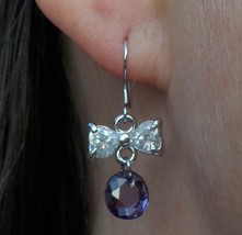 Dangle Earrings Delicate Silver Bow Purple Gem Fishook Fashion Jewelry Women New - $5.99