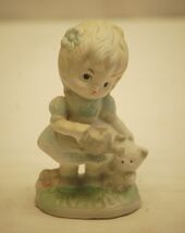 Bisque Little Girl Teddy Bear &amp; Watering Can Figurine Vintage Decor - $9.89