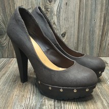 QUPID Women&#39;s Platform Shoes Brown Gold Studded Y2K Wood Chunky Heels Pu... - £17.38 GBP