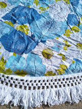 Groovy Vintage 1970&#39;s Aqua, Green &amp; Blue Floral Cotton 60&quot; Tablecloth w/ Fringe - £38.36 GBP
