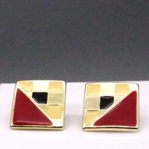 Fun Square Geometric Earrings, Vintage Red and Beige Enamel Studs - £20.11 GBP
