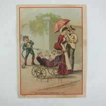Victorian Trade Card LARGE Comic Nurse Girl Baby Carriage Boy Spray Wate... - $29.99