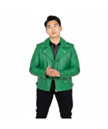 New Men&#39;s Jacket Green Lambskin Genuine Handmade Leather Soft Causal Mot... - $196.20 CAD+