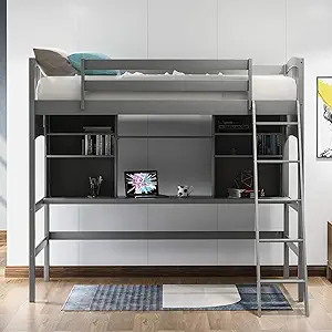 Merax Twin Size Loft Bed with Storage Shelves, Desk and Ladder, Gray - £708.41 GBP