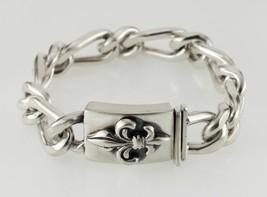 Sterling Silver Chunky Link Bracelet Fleur de Lis 86 grams 7.75&quot; - £704.71 GBP