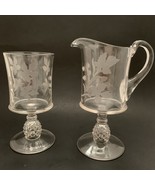 Set Clear Glass Sugar Creamer Footed Pedestal Etched Leaf Floral Pressed... - £8.70 GBP