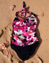 Aqua Green Swimsuit Black with Pink Floral 1 Piece Swim Size LARGE EUC - €18,87 EUR