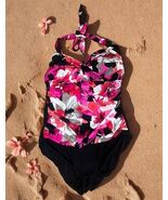 Aqua Green Swimsuit Black with Pink Floral 1 Piece Swim Size LARGE EUC - €18,62 EUR