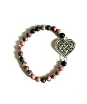 Rhodonite and Obsidian Beaded Bracelet, Celtic Heart Knot Charm, Natural... - $5.99