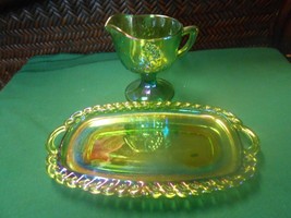 Great Indiana Yellow ?? Carnival Glass Iridescent Grapes Design CREAMER &amp; TRAY - £13.01 GBP