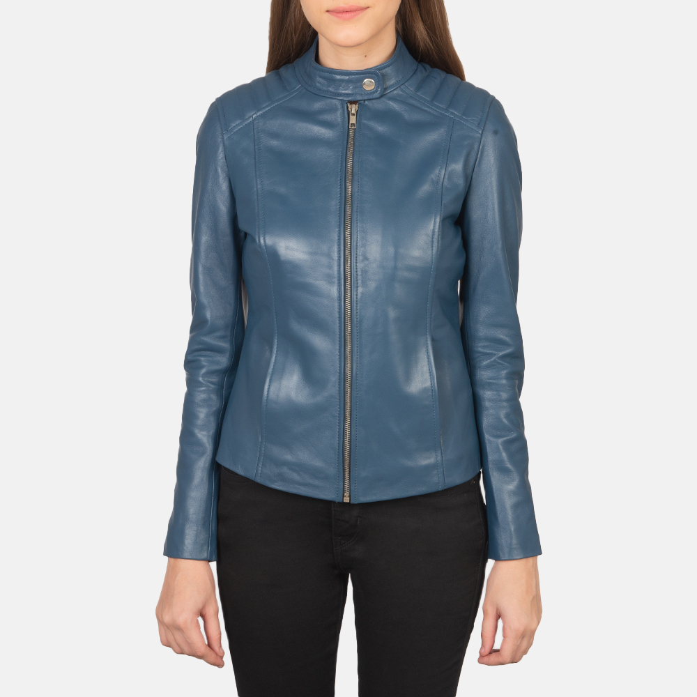 LE Kelsee Blue Leather Biker Jacket