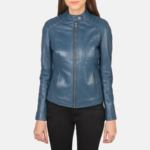 LE Kelsee Blue Leather Biker Jacket - £111.37 GBP+